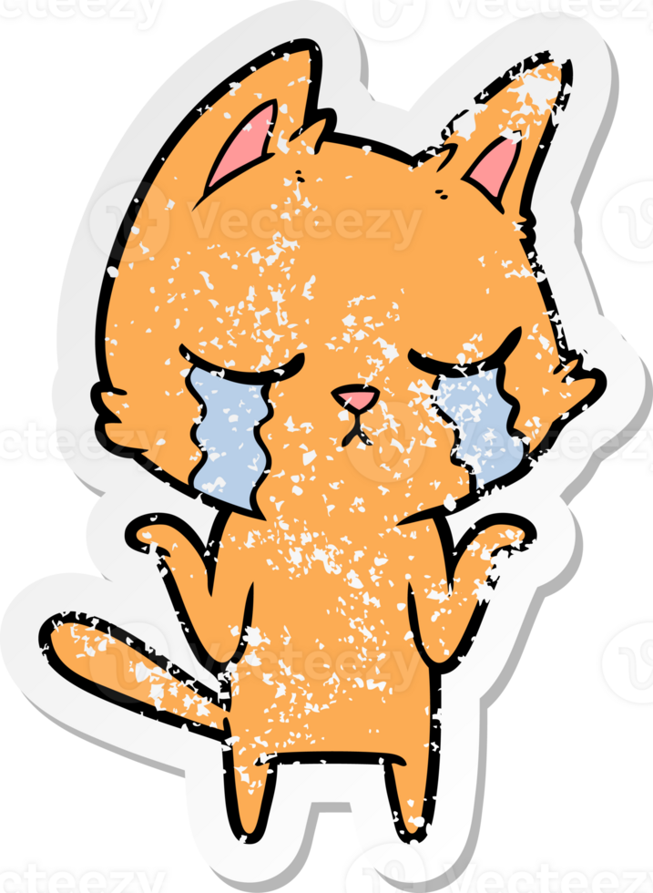 distressed sticker of a crying cartoon cat shrugging png