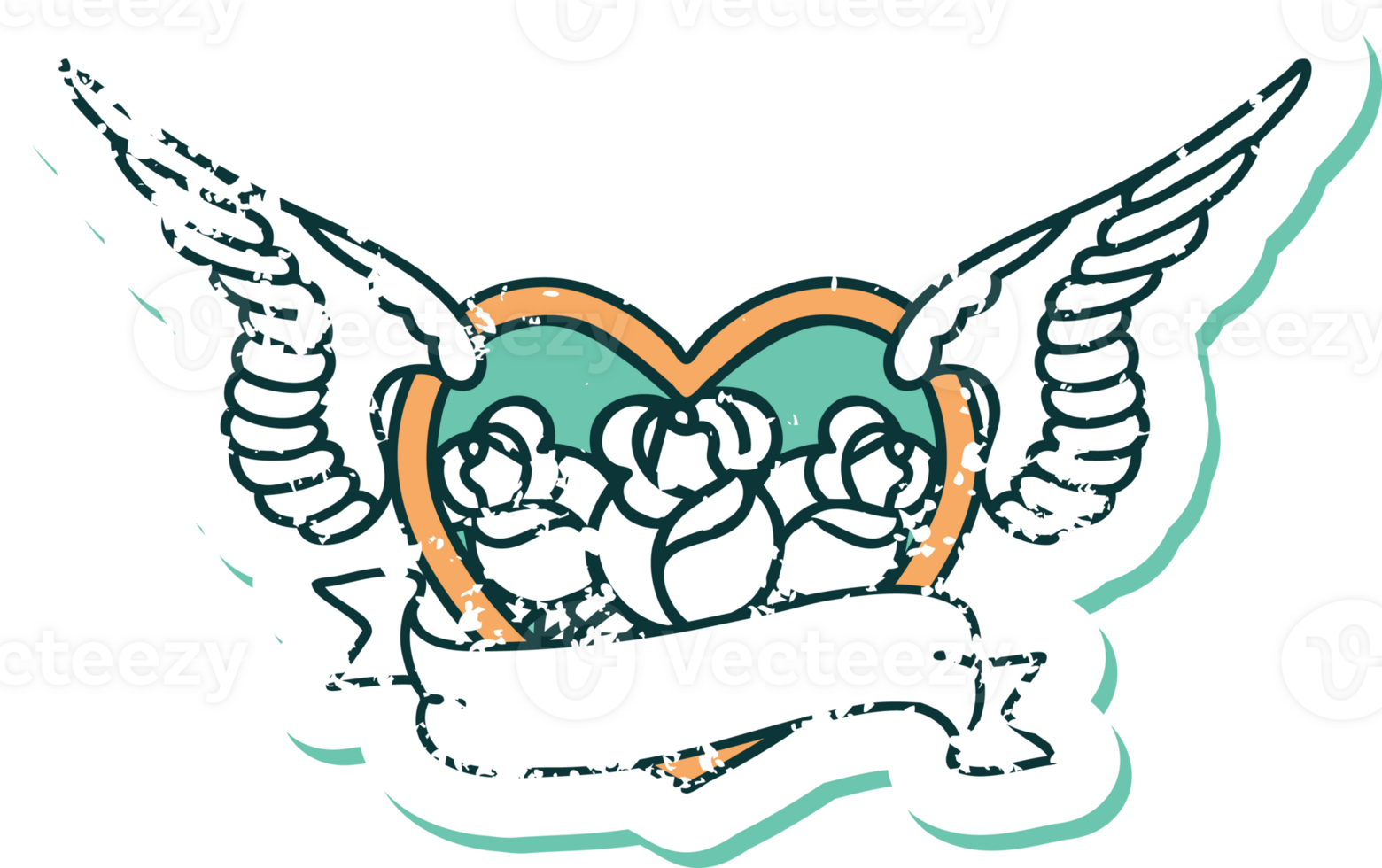 distressed sticker tattoo style icon of a flying heart with flowers and banner png