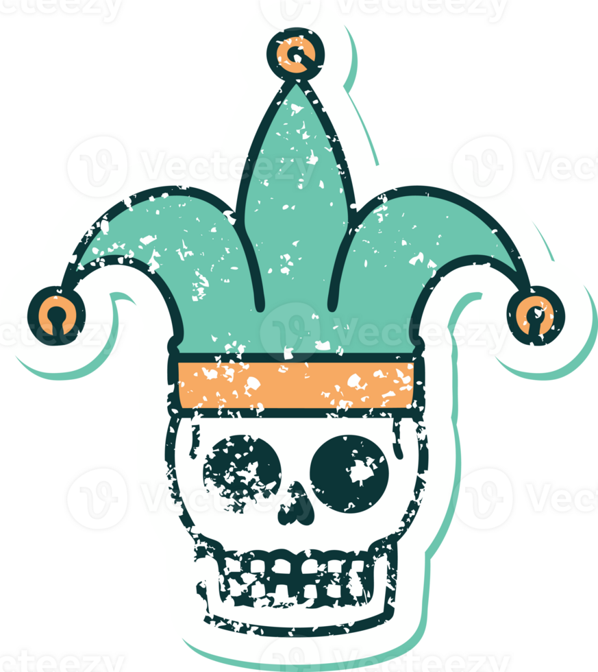 distressed sticker tattoo style icon of a skull jester png
