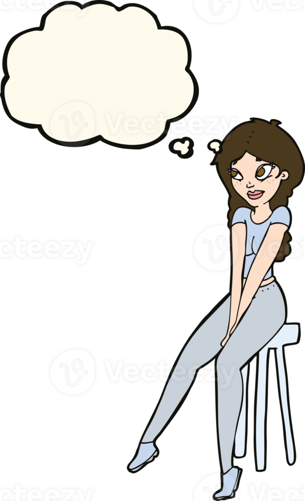 cartoon pretty girl on stool with thought bubble png
