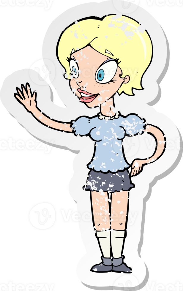 retro distressed sticker of a cartoon waving woman png