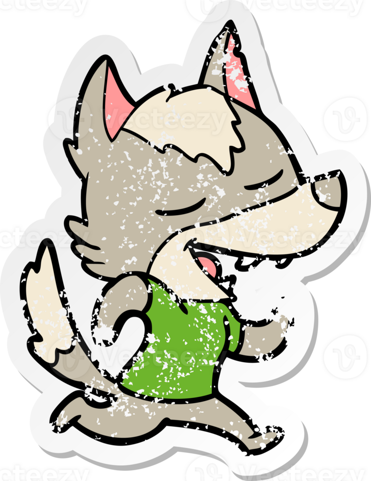 distressed sticker of a cartoon running wolf laughing png