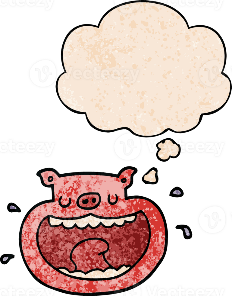 cartoon obnoxious pig and thought bubble in grunge texture pattern style png