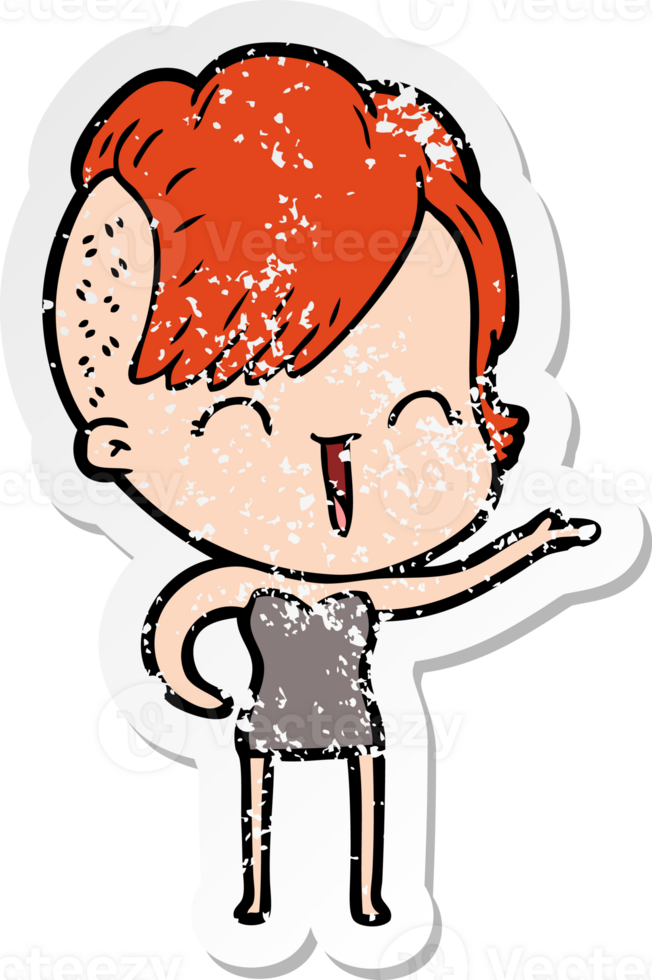 distressed sticker of a cartoon happy hipster girl png