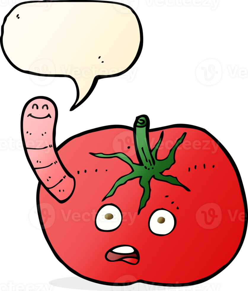cartoon tomato with worm with speech bubble png