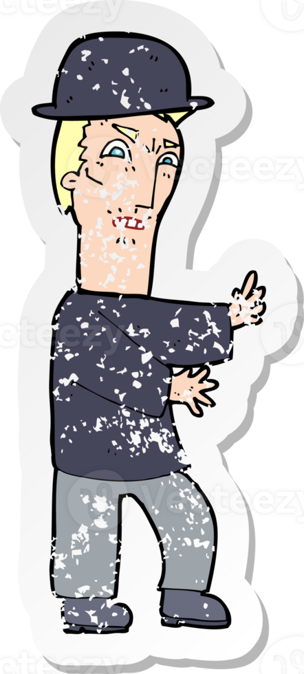 retro distressed sticker of a cartoon man wearing bowler hat png