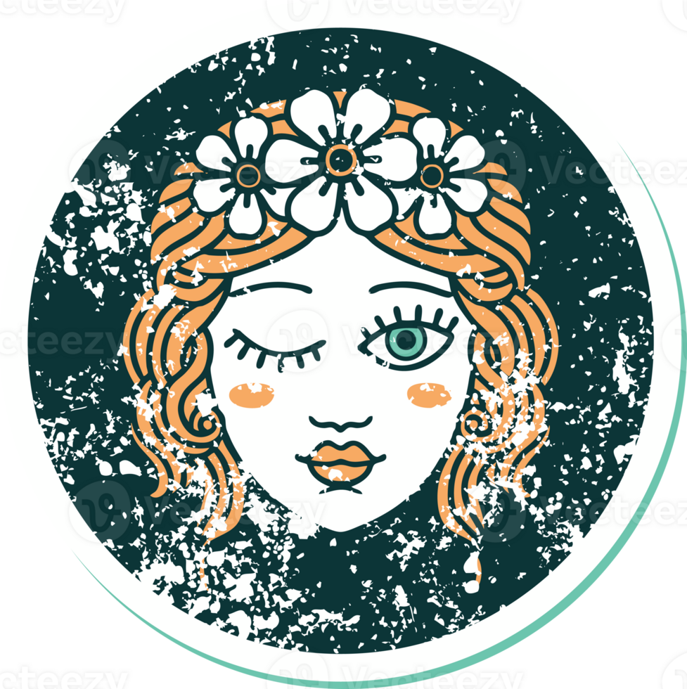 distressed sticker tattoo style icon of a maidens face winking png