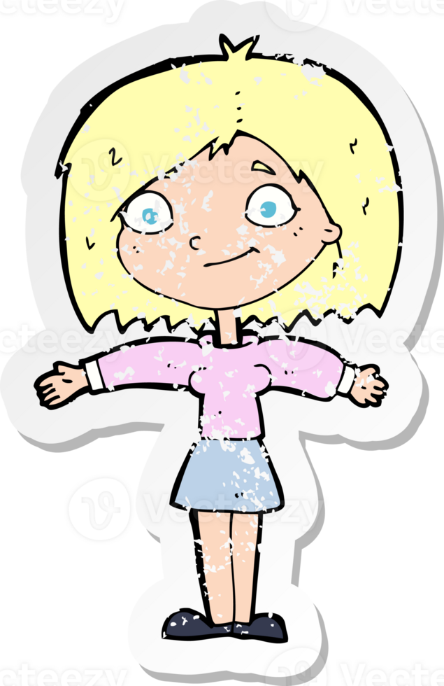 retro distressed sticker of a cartoon happy girl png