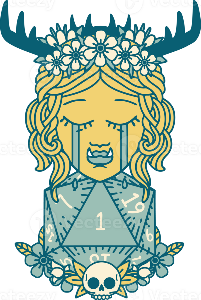 sad half orc druid character with natural one dice roll illustration png