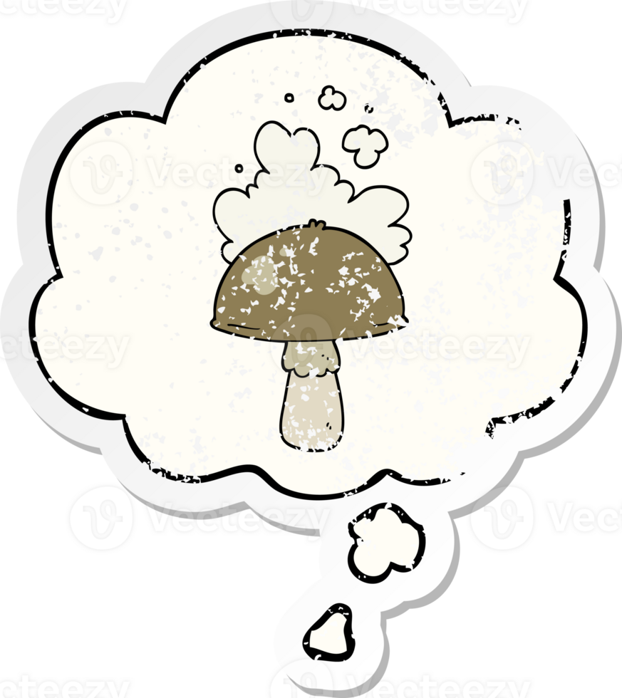 cartoon mushroom with spore cloud and thought bubble as a distressed worn sticker png