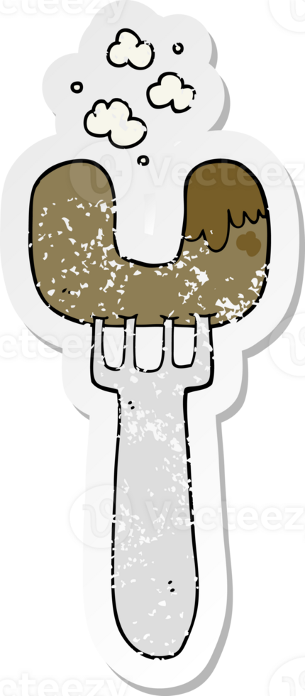 distressed sticker of a cartoon sausage on fork png