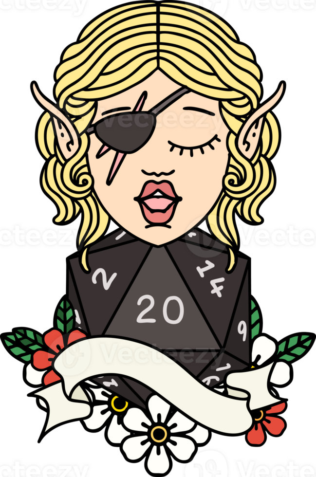 elf rogue character with natural twenty dice roll illustration png