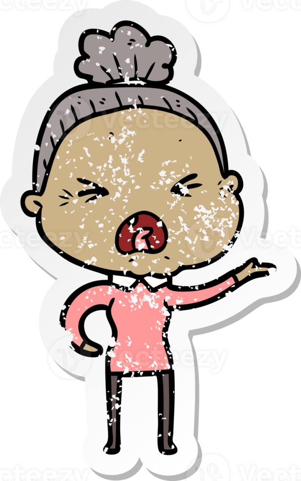 distressed sticker of a cartoon angry old woman png