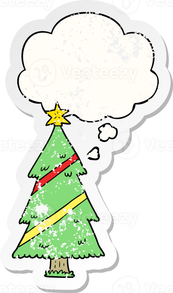 cartoon christmas tree and thought bubble as a distressed worn sticker png
