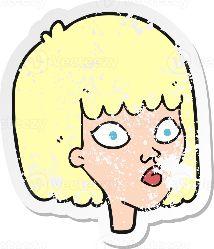 retro distressed sticker of a cartoon female face png