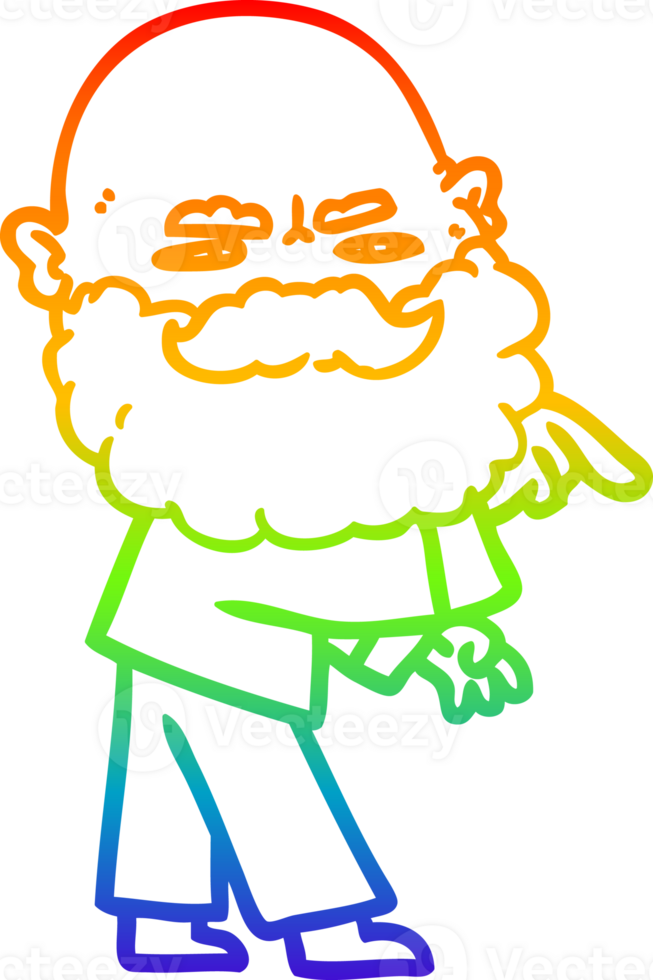 rainbow gradient line drawing cartoon man with beard frowning and pointing png