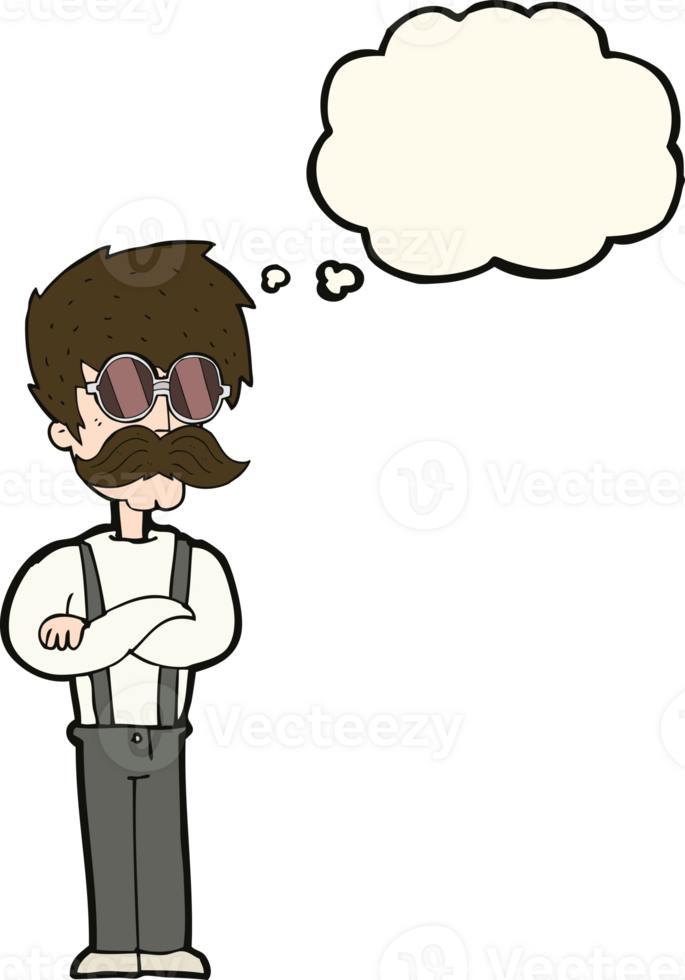 cartoon hipster man with mustache and spectacles with thought bubble png