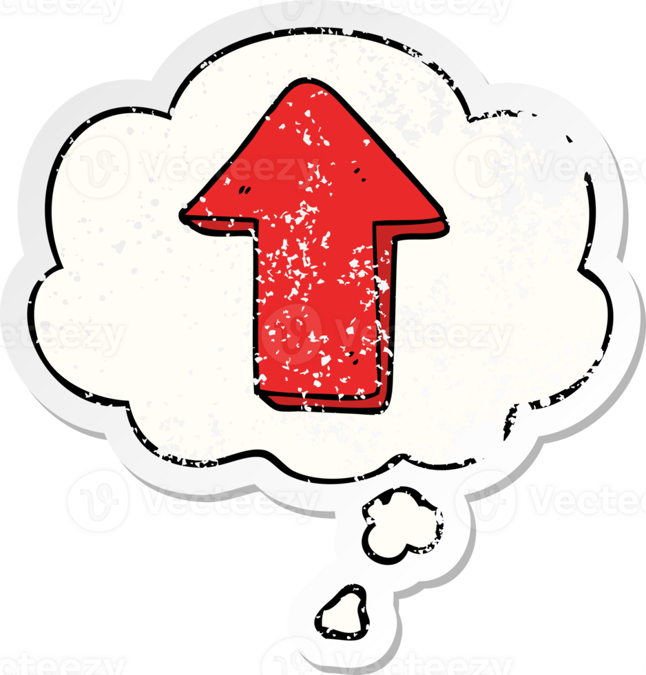 cartoon pointing arrow and thought bubble as a distressed worn sticker png