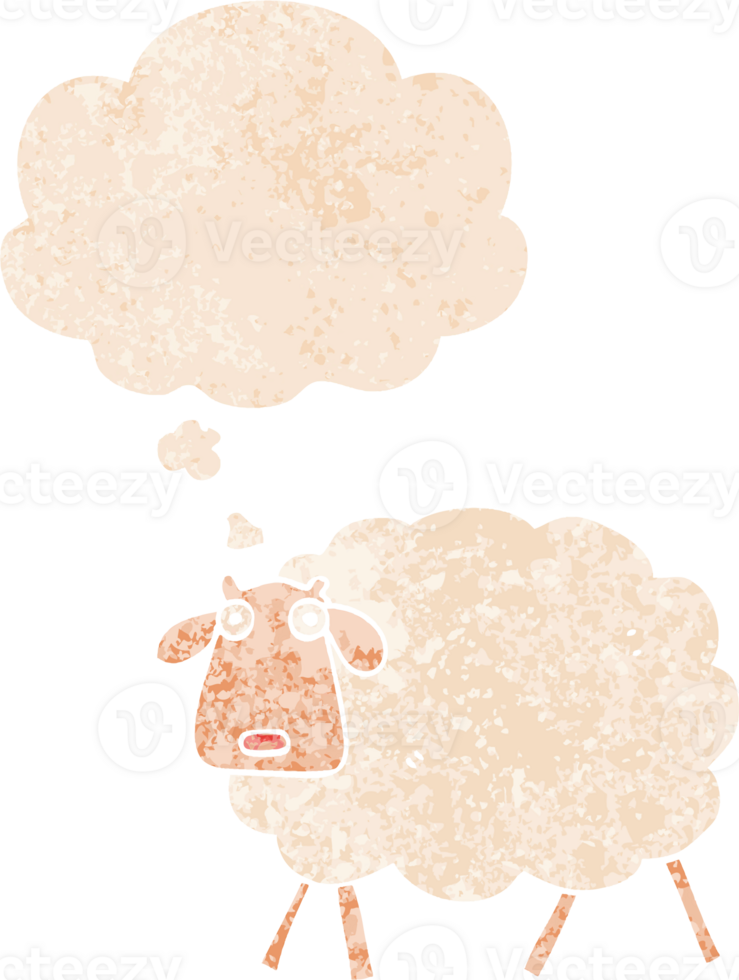 cartoon sheep and thought bubble in retro textured style png