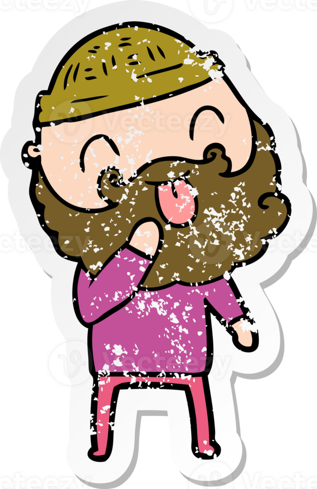 distressed sticker of a man with beard sticking out tongue png