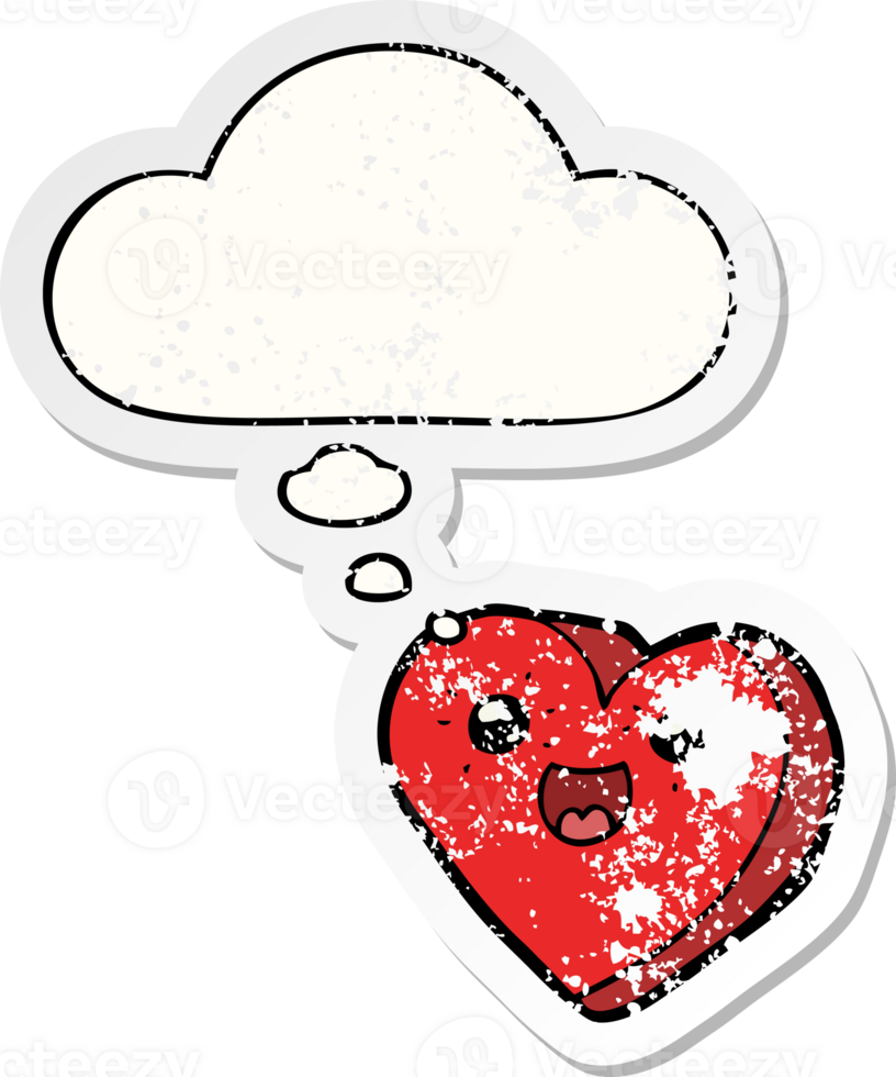 heart cartoon character and thought bubble as a distressed worn sticker png