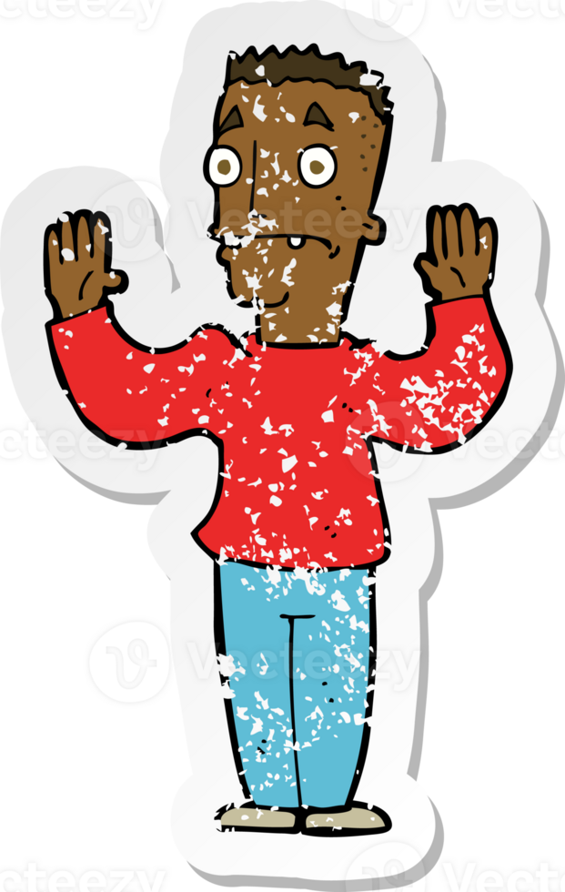 retro distressed sticker of a cartoon man surrendering png