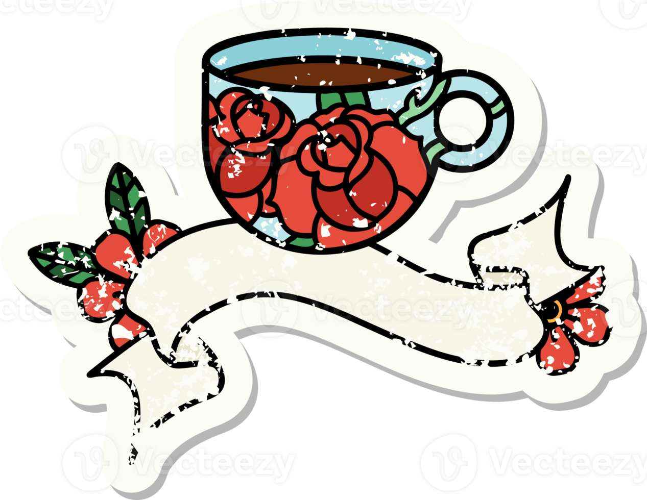 grunge sticker with banner of a cup and flowers png