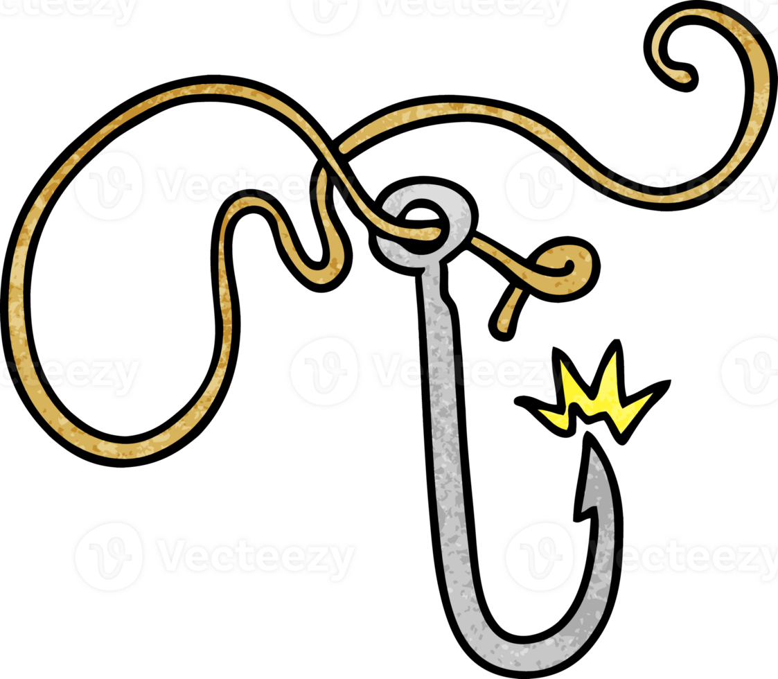 textured cartoon doodle of a sharp fishing hook png