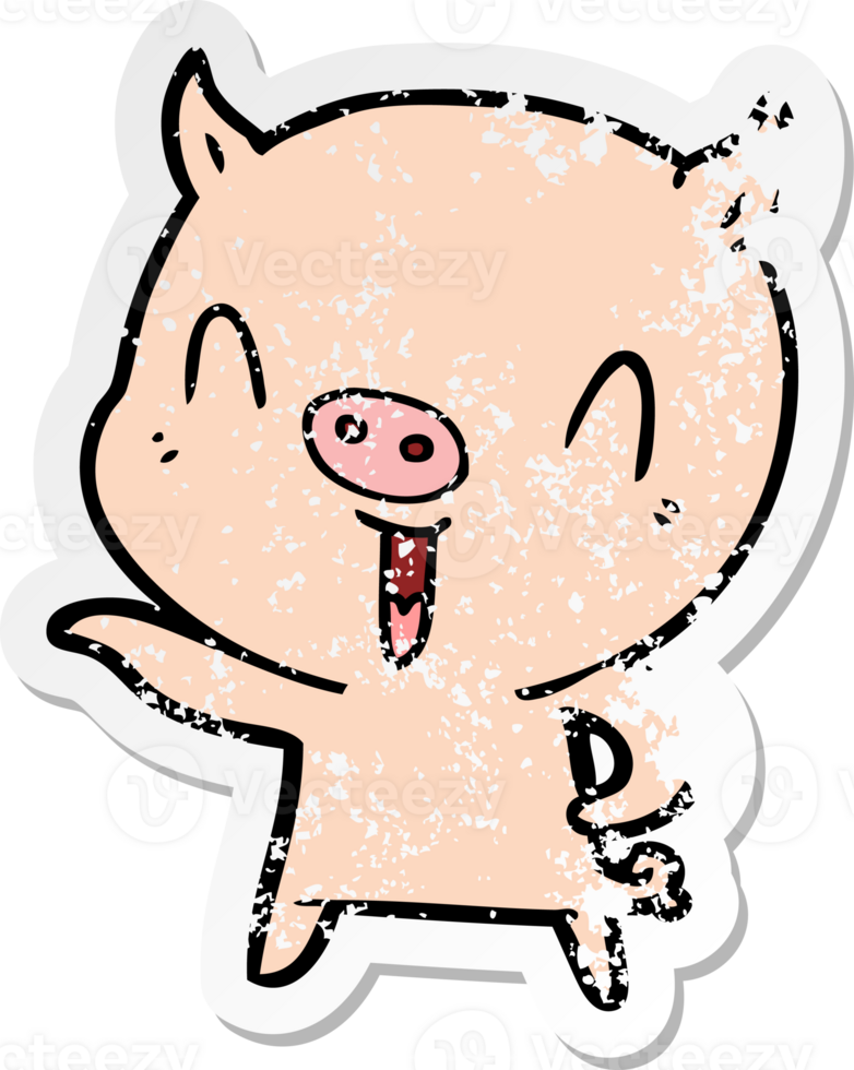 distressed sticker of a happy cartoon pig png