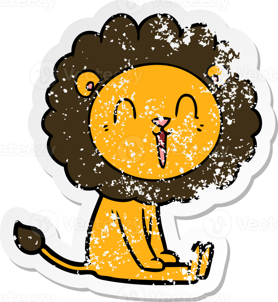 distressed sticker of a laughing lion cartoon sitting png