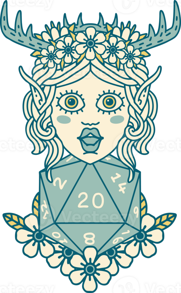 elf druid character with nautral twenty dice roll illustration png