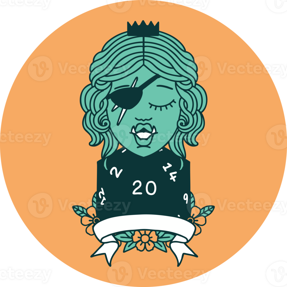 half orc rogue character with natural twenty dice roll icon png