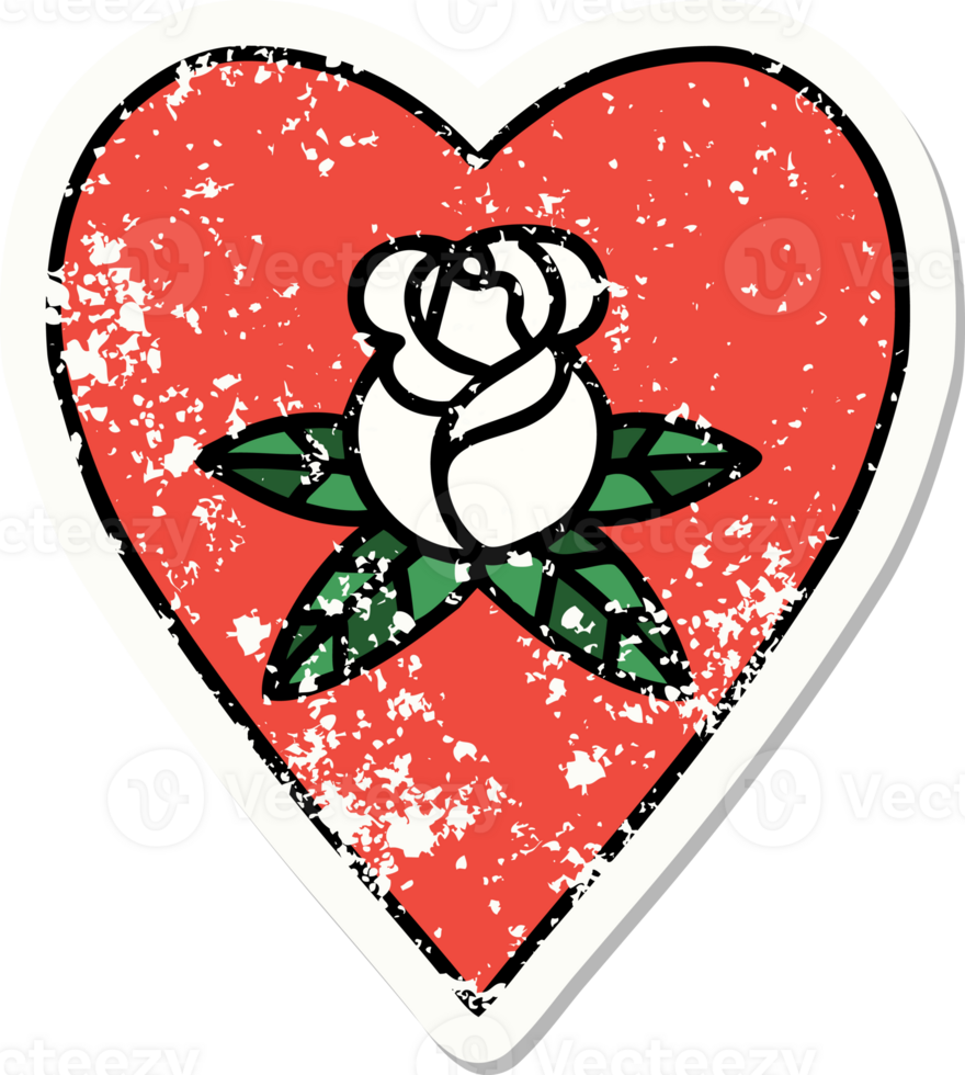traditional distressed sticker tattoo of a heart and flowers png