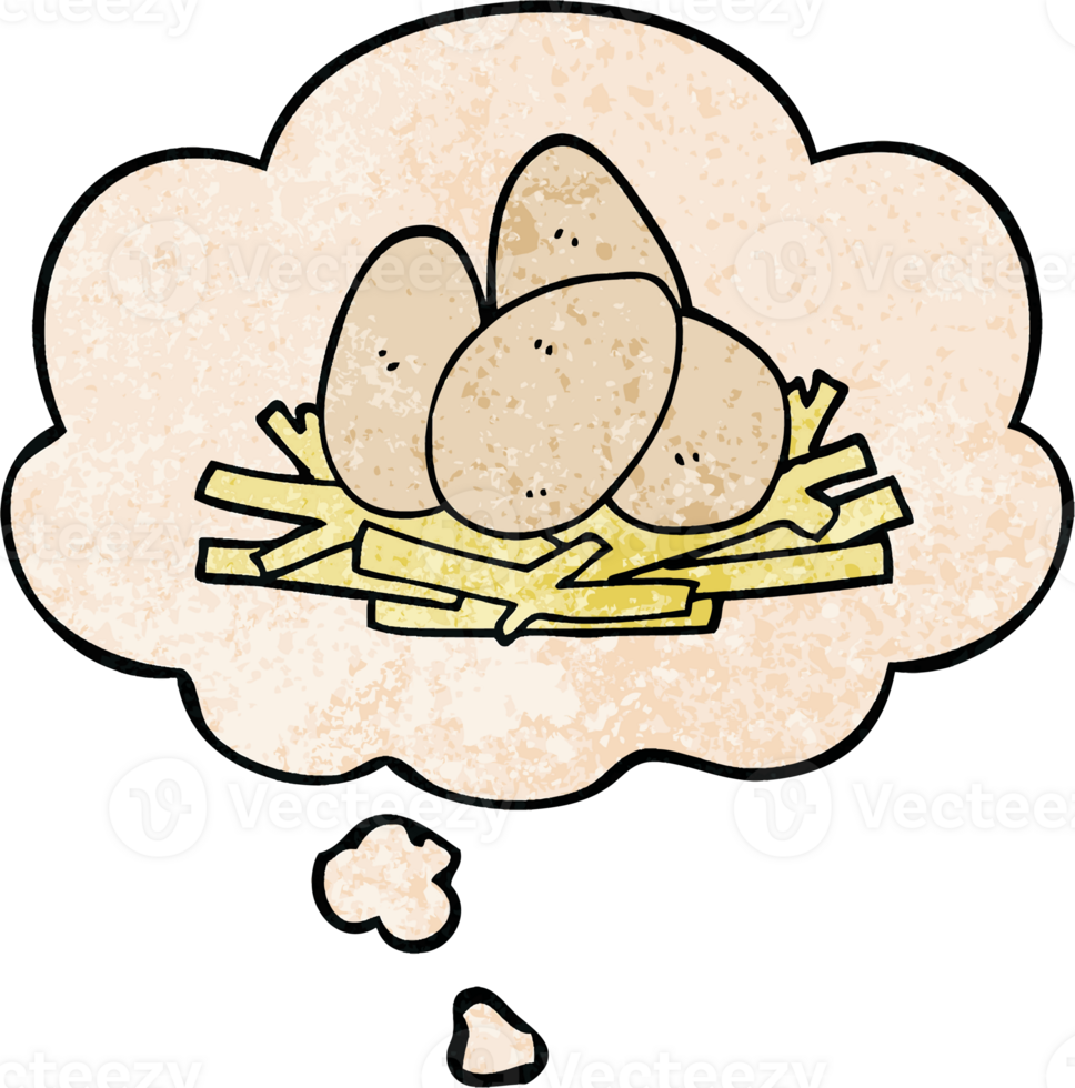cartoon eggs in nest and thought bubble in grunge texture pattern style png