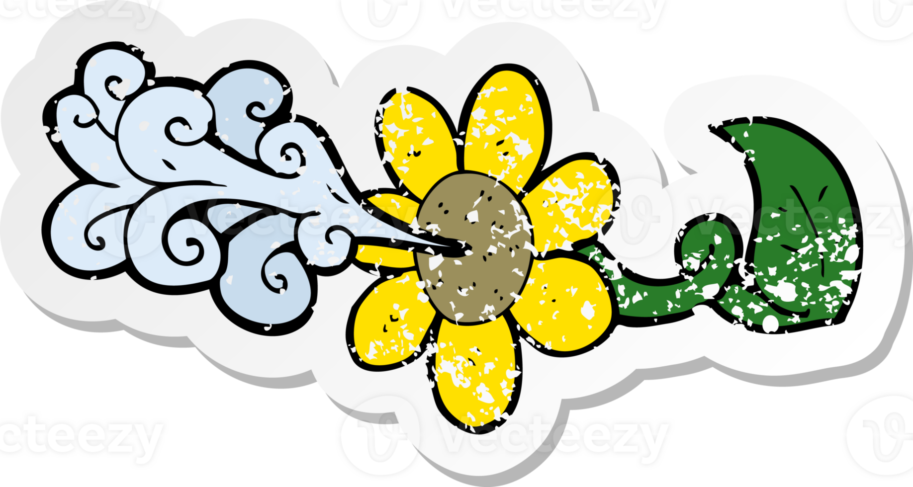 retro distressed sticker of a cartoon flower squirting water png
