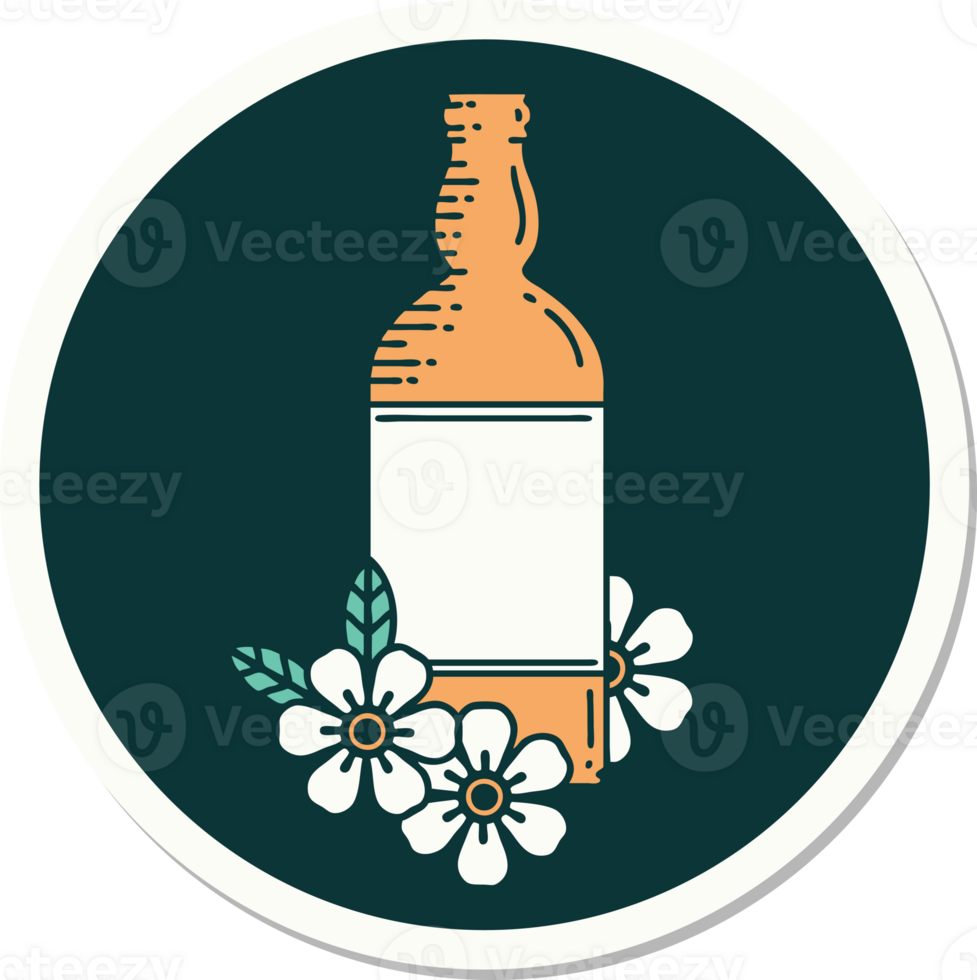 tattoo style sticker of a rum bottle and flowers png