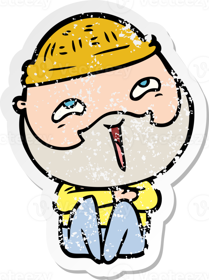 distressed sticker of a cartoon happy bearded man png