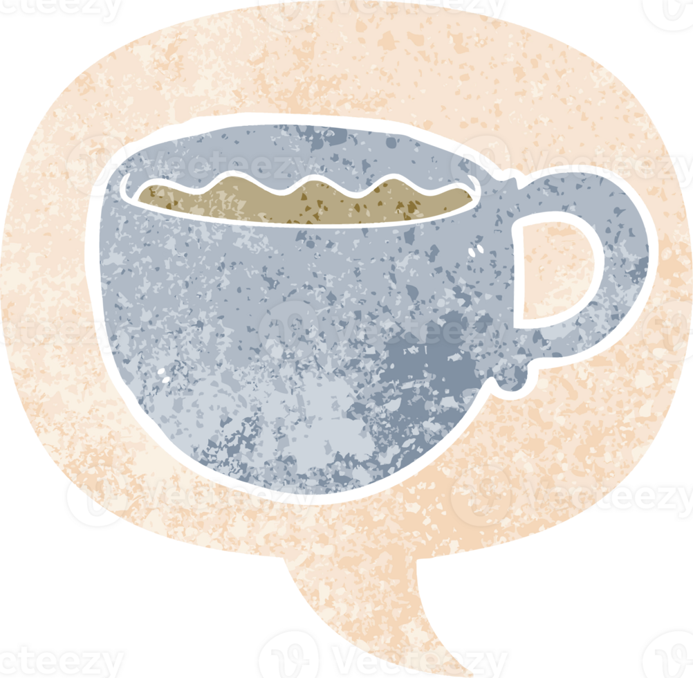 cartoon coffee cup and speech bubble in retro textured style png