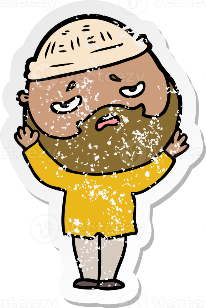 distressed sticker of a cartoon worried man with beard png