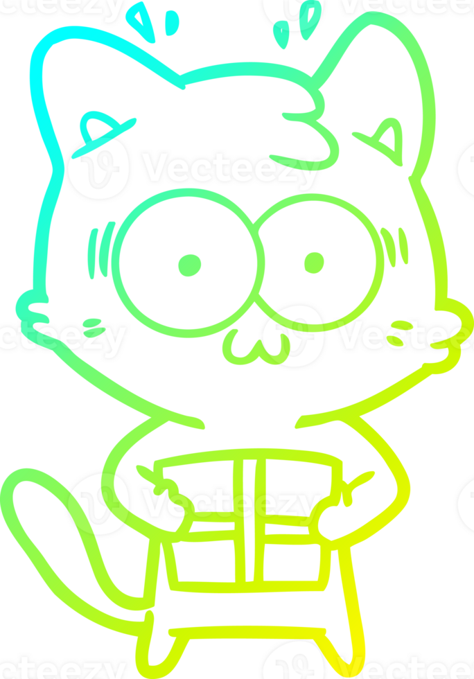 cold gradient line drawing cartoon surprised cat with christmas present png