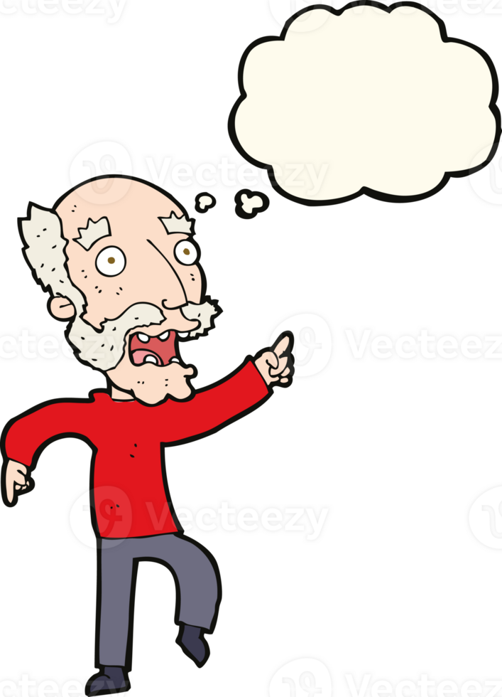 cartoon frightened old man with thought bubble png