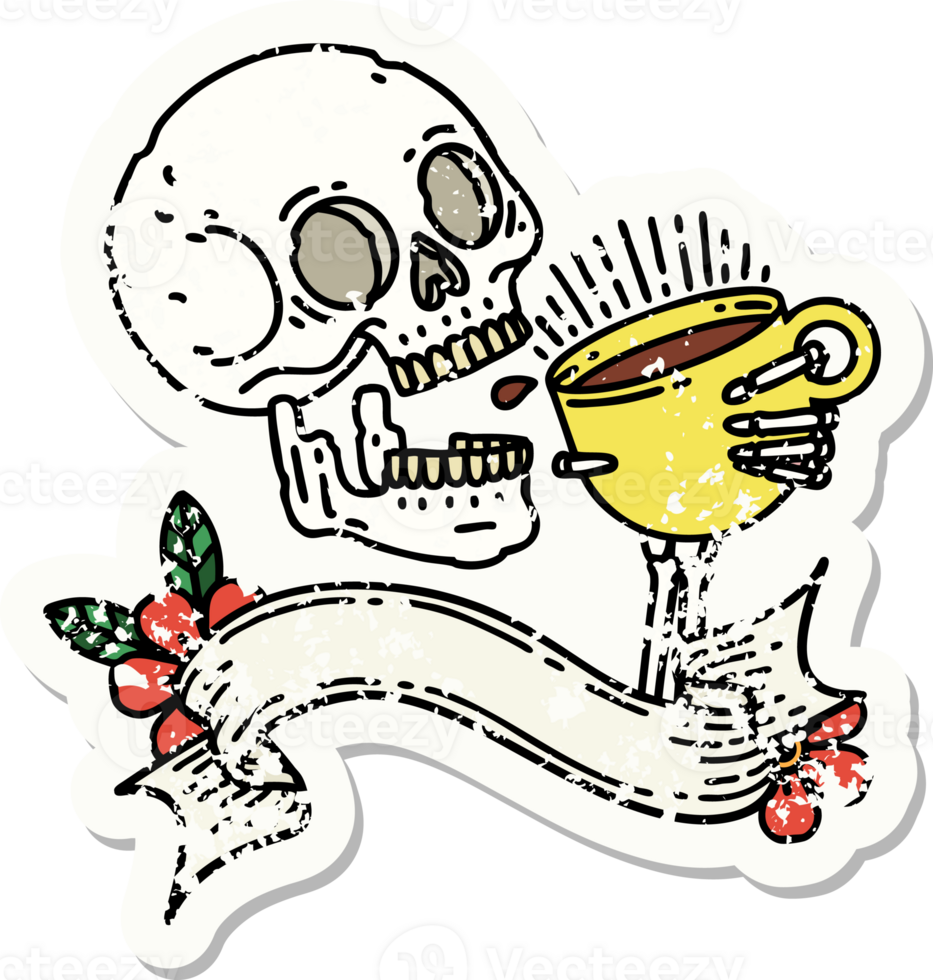 grunge sticker with banner of a skull drinking coffee png