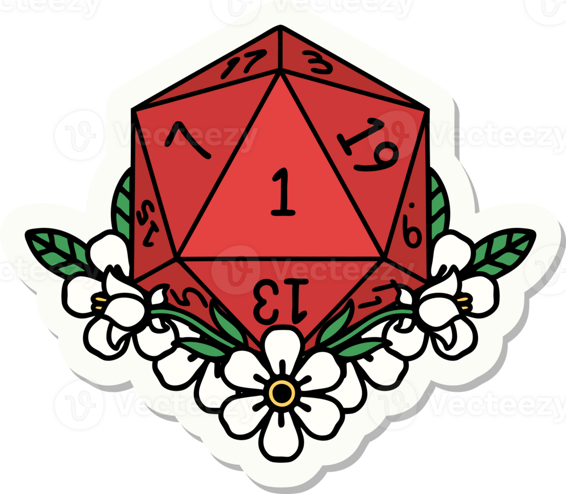 natural one dice roll with floral elements sticker png