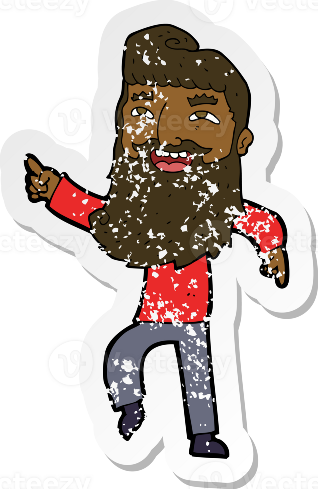 retro distressed sticker of a cartoon man with beard laughing and pointing png