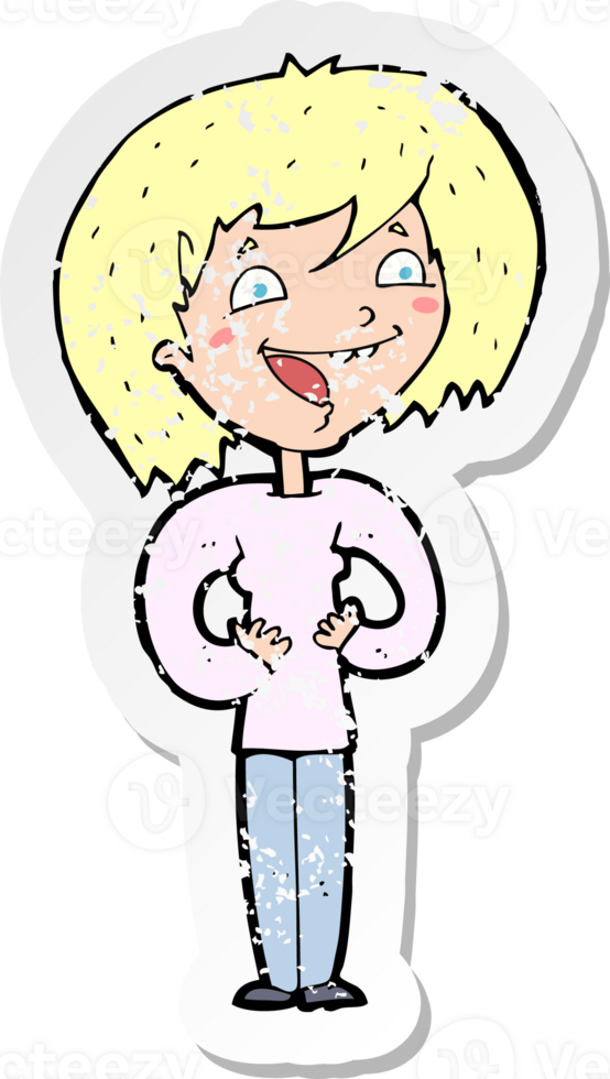 retro distressed sticker of a cartoon excited woman png