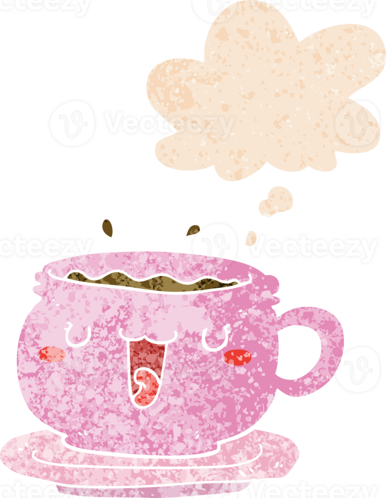 cute cartoon cup and saucer and thought bubble in retro textured style png