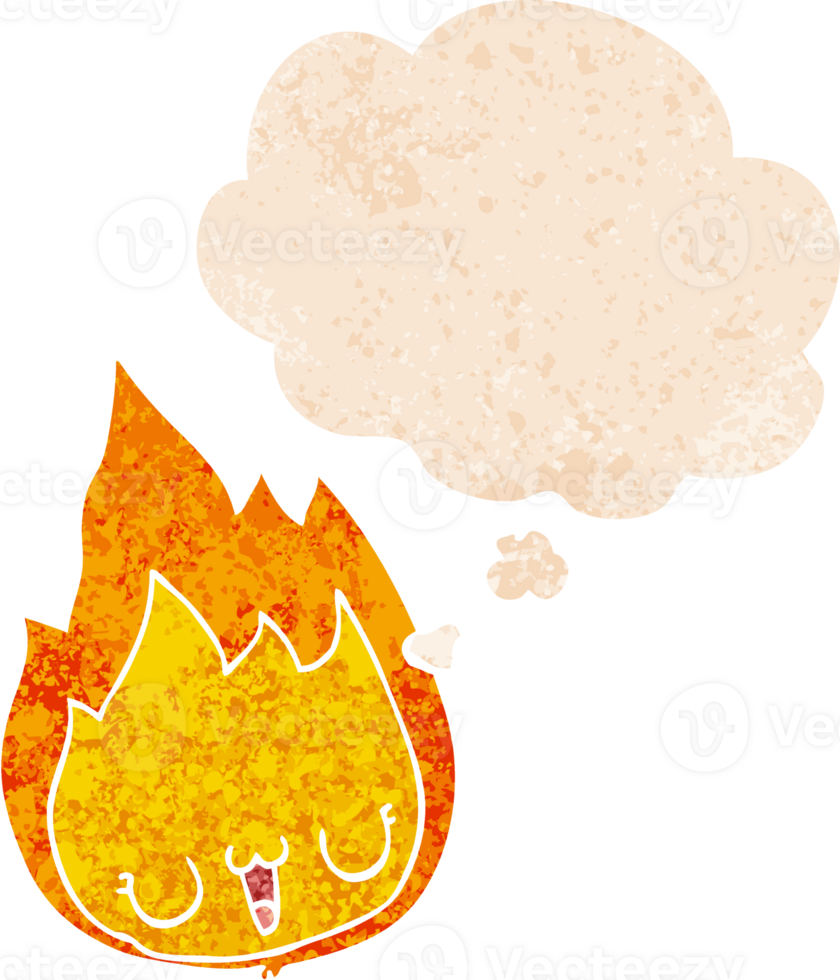 cartoon flame with face and thought bubble in retro textured style png