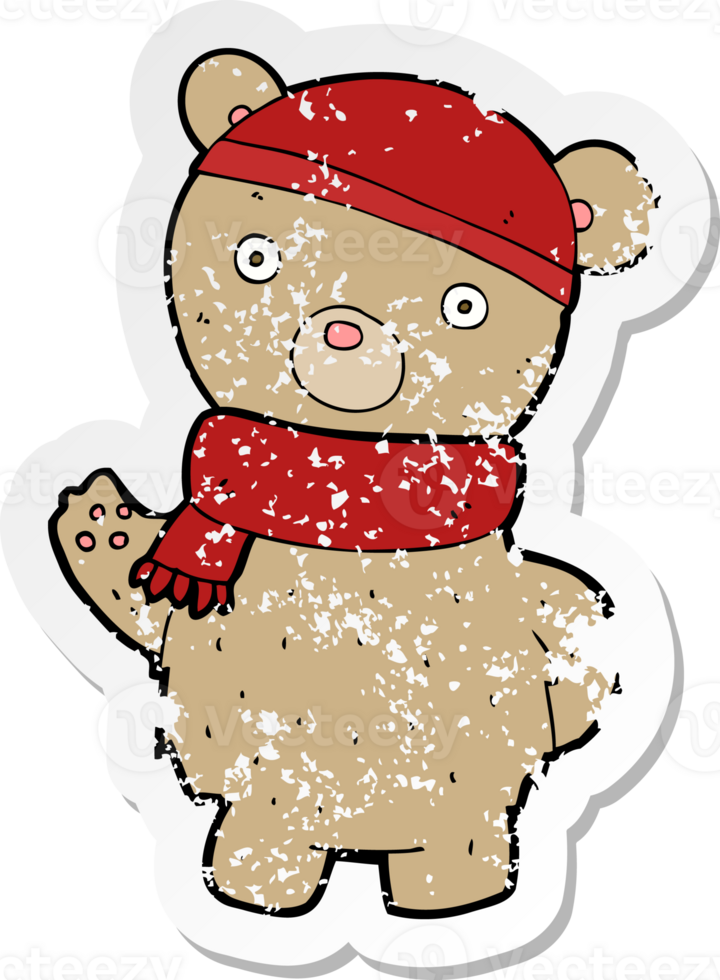retro distressed sticker of a cartoon teddy bear in winter hat and scarf png