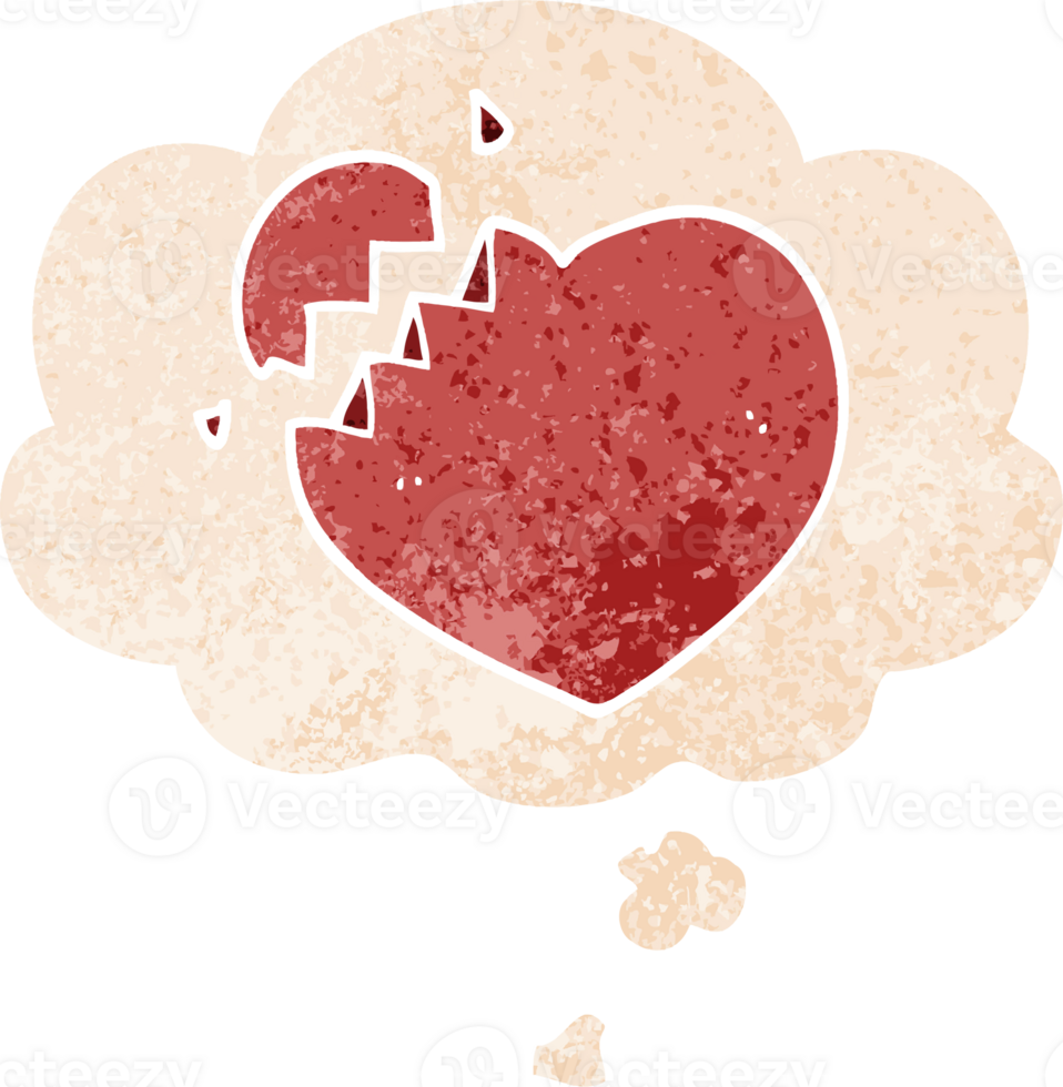 cartoon broken heart and thought bubble in retro textured style png
