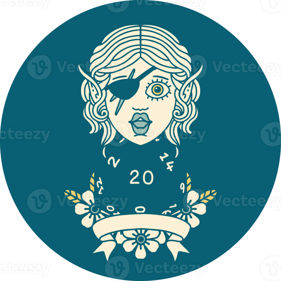 elf rogue character with natural twenty dice roll illustration png